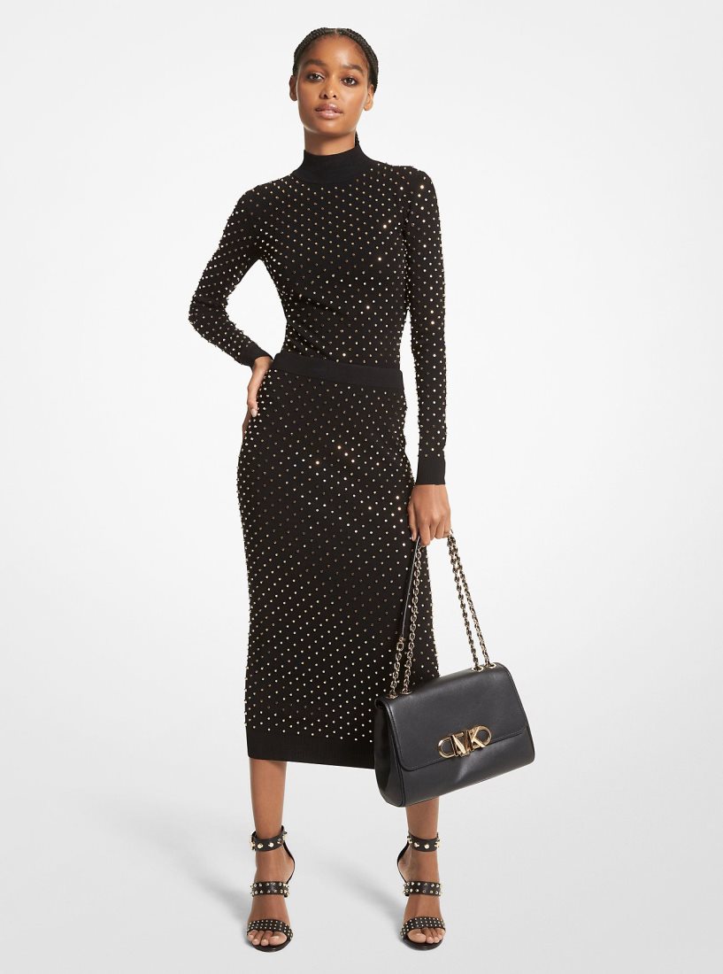 Jupes Michael Kors Studded Stretch Viscose Pencil Skirt Femme Noir Doré | 7913VKTAQ