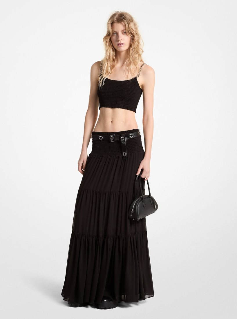 Jupes Michael Kors Tiered Smocked Georgette Maxi Skirt Femme Noir | 9120MIZEA