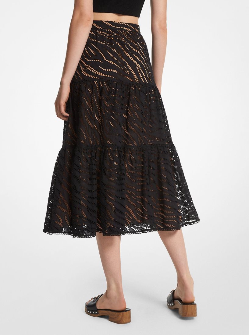 Jupes Michael Kors Zebra Eyelet Cotton Tiered Midi Skirt Femme Noir | 1742VAYRU