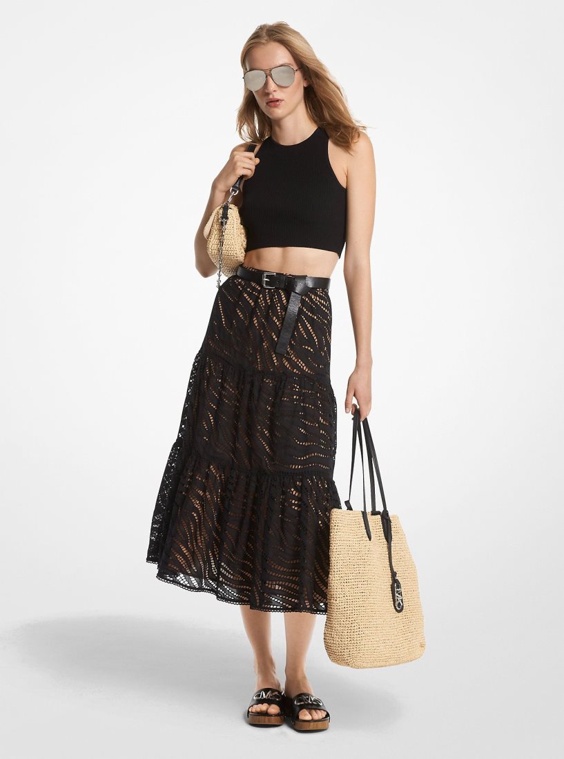 Jupes Michael Kors Zebra Eyelet Cotton Tiered Midi Skirt Femme Noir | 1742VAYRU