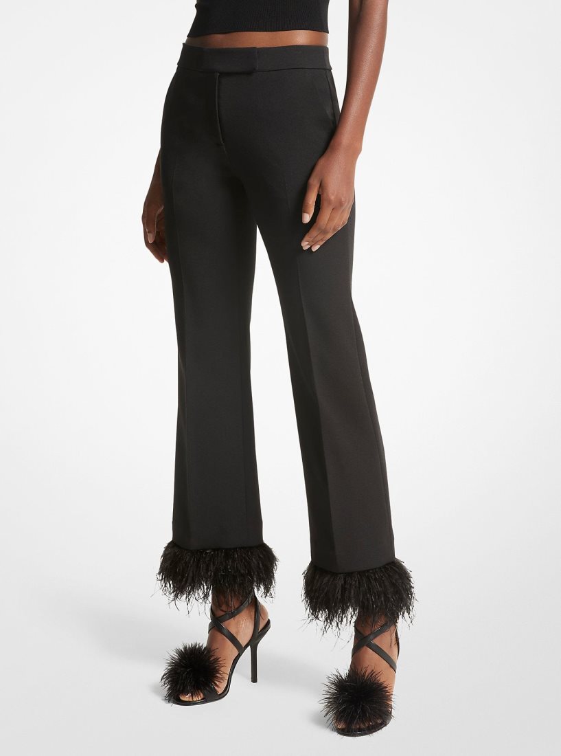 Pantalon Michael Kors Detachable Feather Trim Stretch Crepe Pants Femme Noir | 6914PTFBN