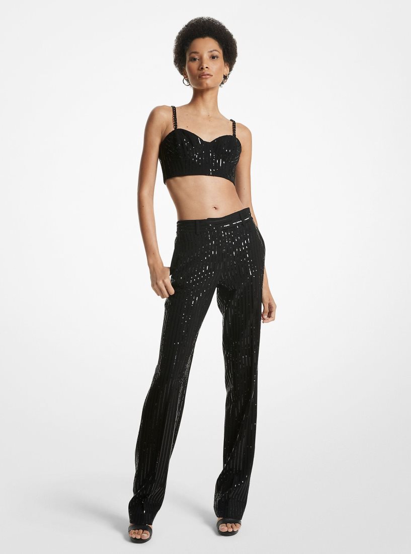 Pantalon Michael Kors Pinstripe Sequined Crepe Straight-Leg Pants Femme Noir | 2953JARFC