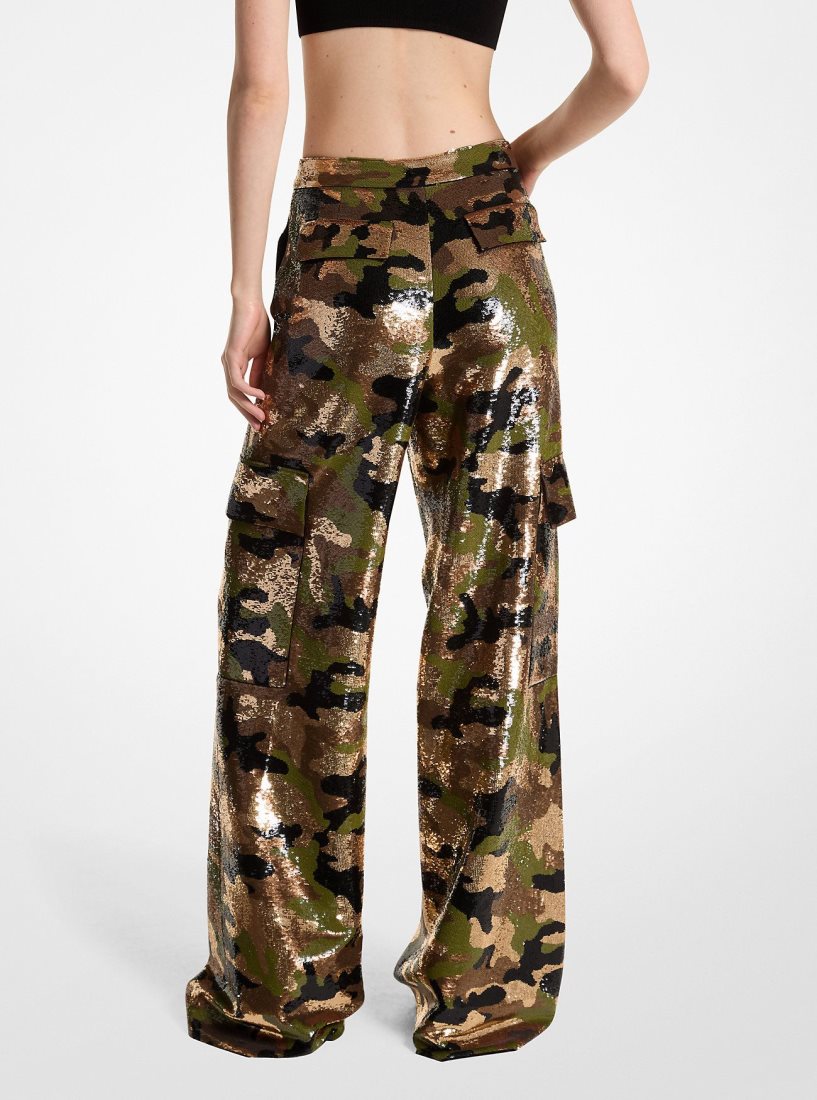 Pantalon Michael Kors Sequined Camouflage Wide-Leg Cargo Pants Femme Marron Foncé | 1907SLPFV