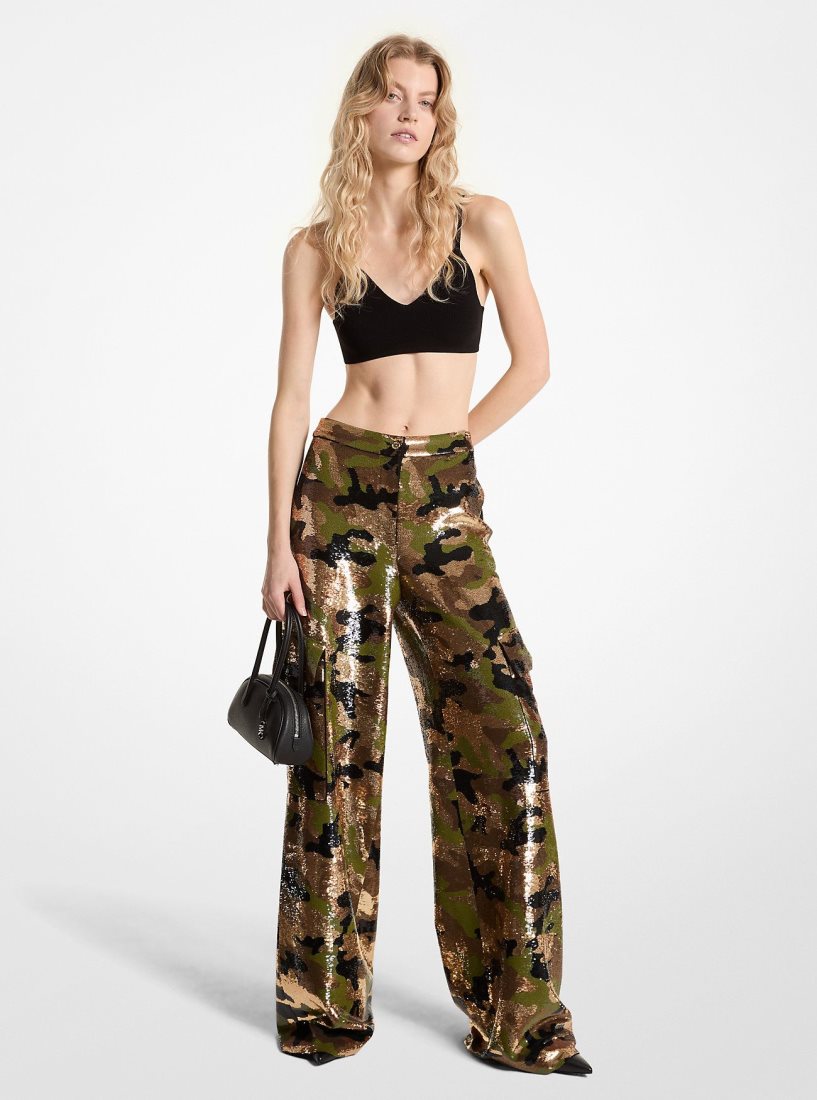 Pantalon Michael Kors Sequined Camouflage Wide-Leg Cargo Pants Femme Marron Foncé | 1907SLPFV