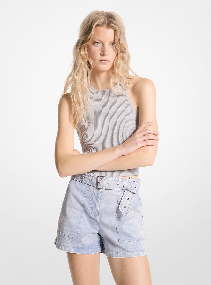 Pantalon Michael Kors Stretch Organic Cotton Belted Cargo Shorts Femme Chambray | 4839TQSLB