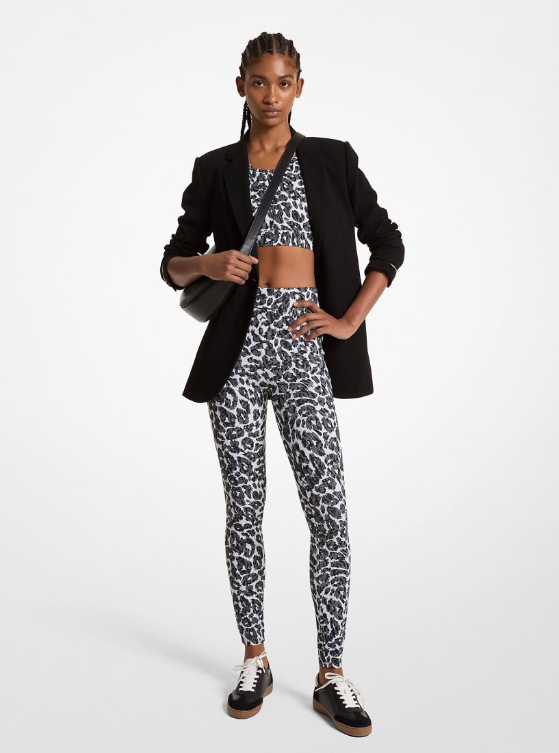 Pantalon Michael Kors Stretch Recycled Nylon Leopard Logo Leggings Femme Grise | 9284XTHGZ