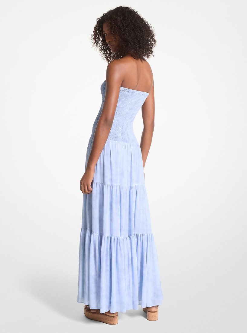 Peignoir Michael Kors Chambray Print Smocked Georgette Maxi Dress Femme Chambray | 6394JXEWZ