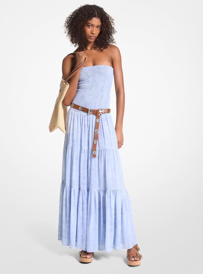 Peignoir Michael Kors Chambray Print Smocked Georgette Maxi Dress Femme Chambray | 6394JXEWZ
