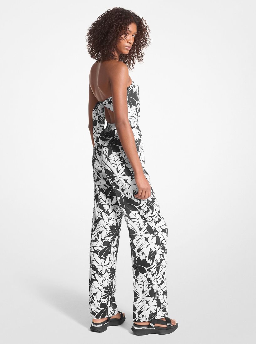 Peignoir Michael Kors Palm Print Satin Tie-Back Jumpsuit Femme Noir Blanche | 8395XFSAH