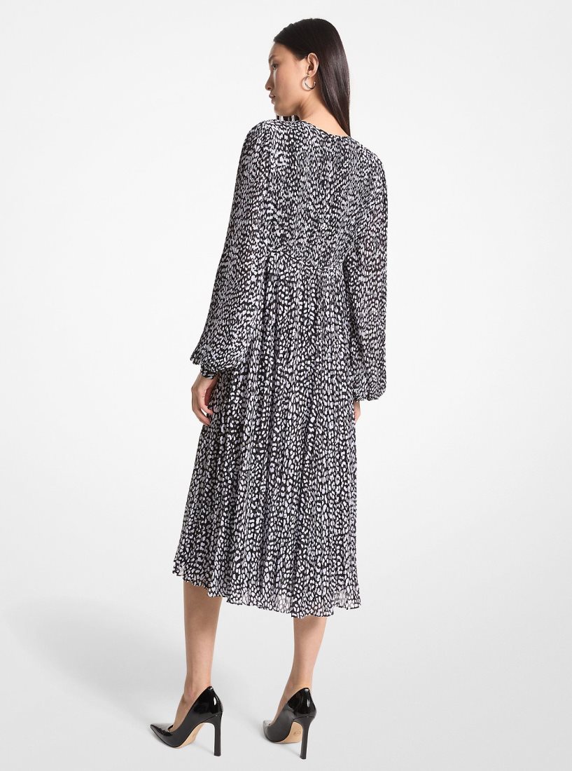 Peignoir Michael Kors Pleated Leopard Print Georgette Midi Dress Femme Noir Blanche | 3827LMENR