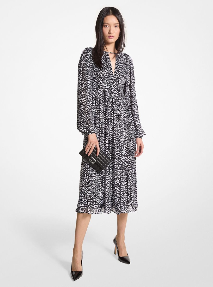 Peignoir Michael Kors Pleated Leopard Print Georgette Midi Dress Femme Noir Blanche | 3827LMENR