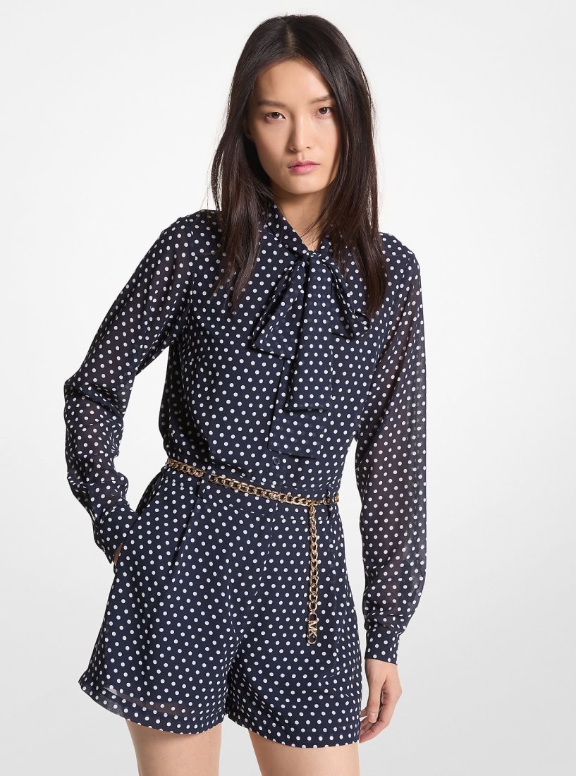 Peignoir Michael Kors Polka Dot Georgette Belted Tie-Neck Romper Femme Midnightblue | 3024PSURY