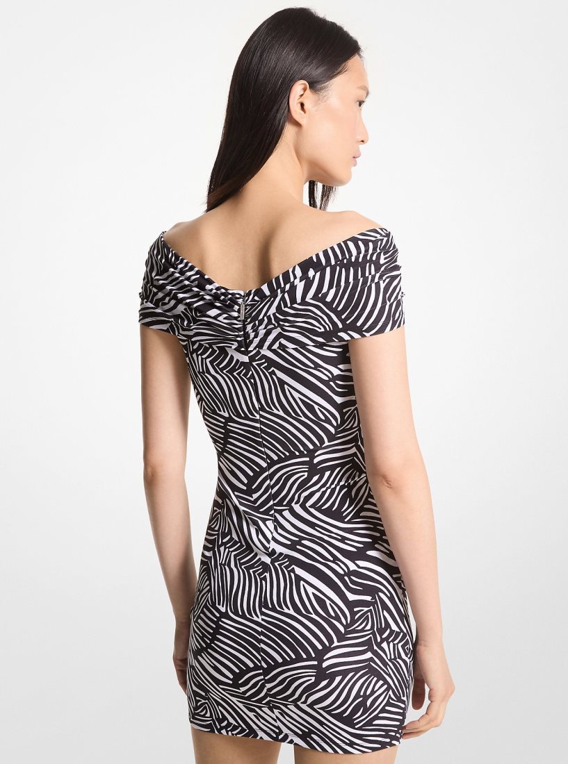 Peignoir Michael Kors Zebra Print Stretch Matte Jersey Off-The-Shoulder Dress Femme Noir Blanche | 9627RKCEQ