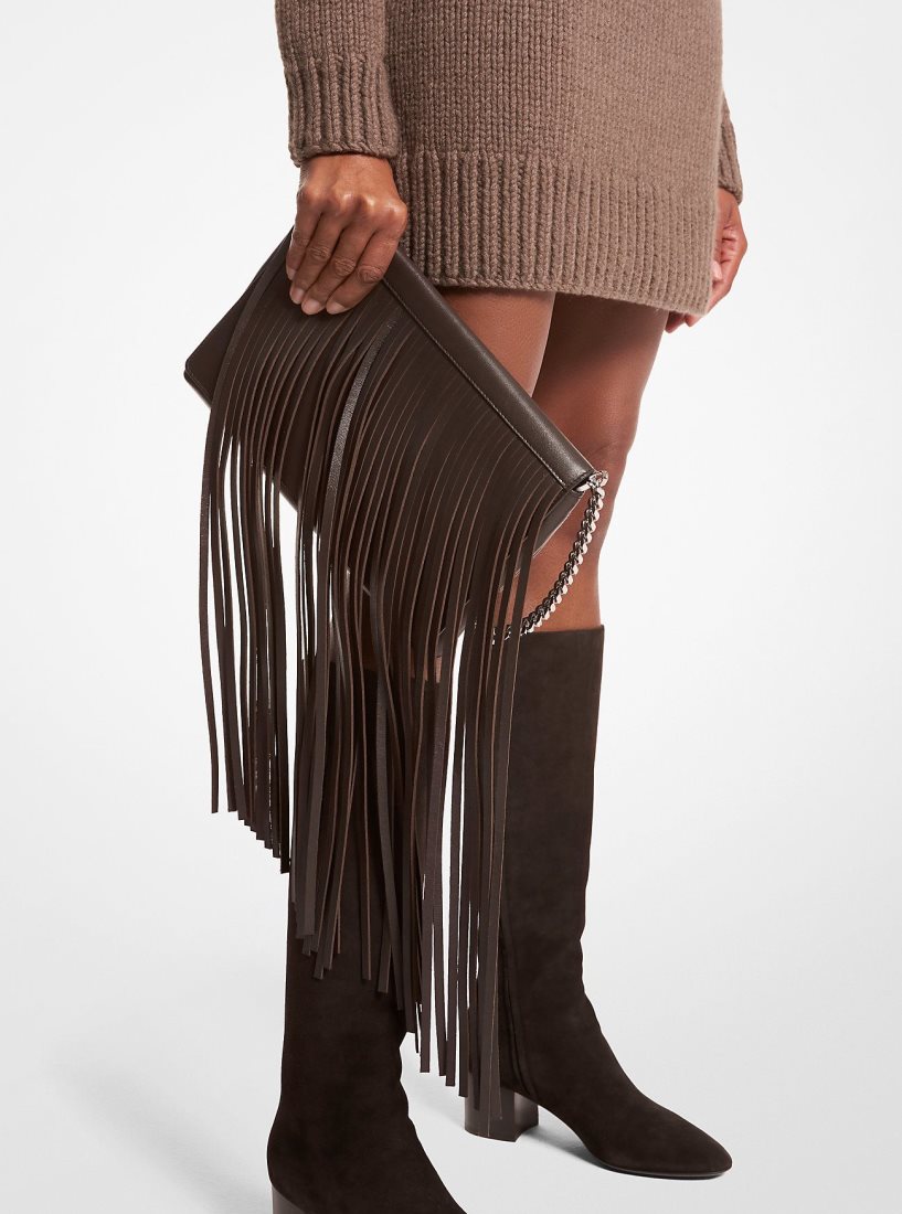 Pochettes Michael Kors Ali Fringed Leather Clutch Femme Chocolat | 8439TJQME