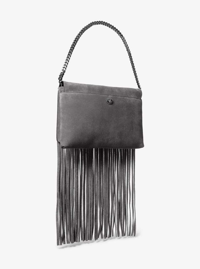 Pochettes Michael Kors Ali Fringed Suede Clutch Femme Grise Foncé | 7019GOYNV