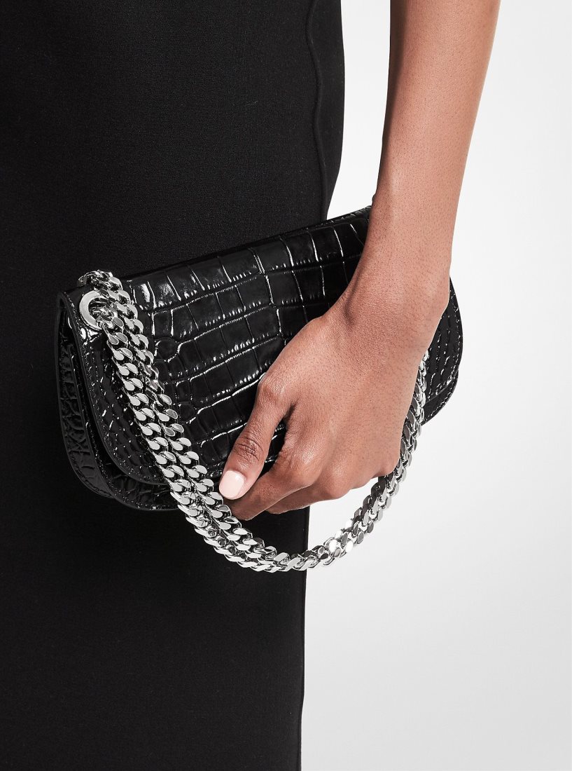 Pochettes Michael Kors Christie Crocodile Embossed Leather Envelope Bag Femme Noir | 0825IWMYX