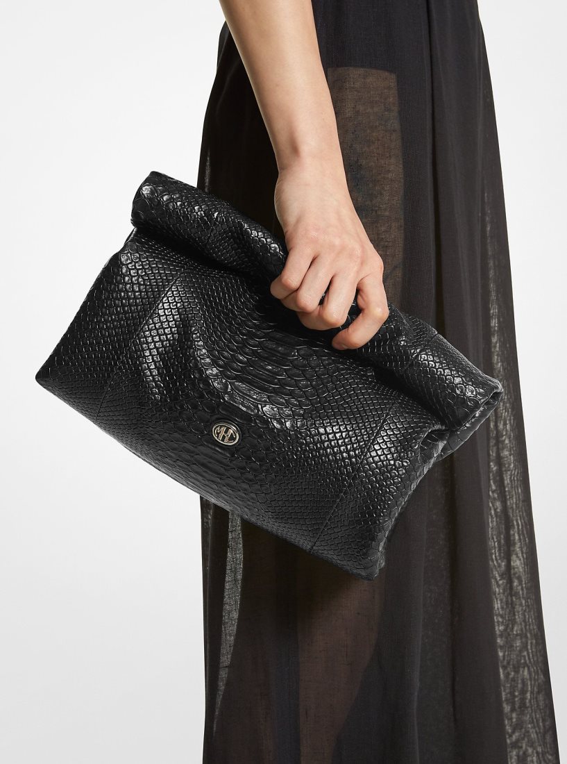 Pochettes Michael Kors Monogramme Medium Python Embossed Leather Lunch Box Clutch Femme Noir | 1549PZBSW