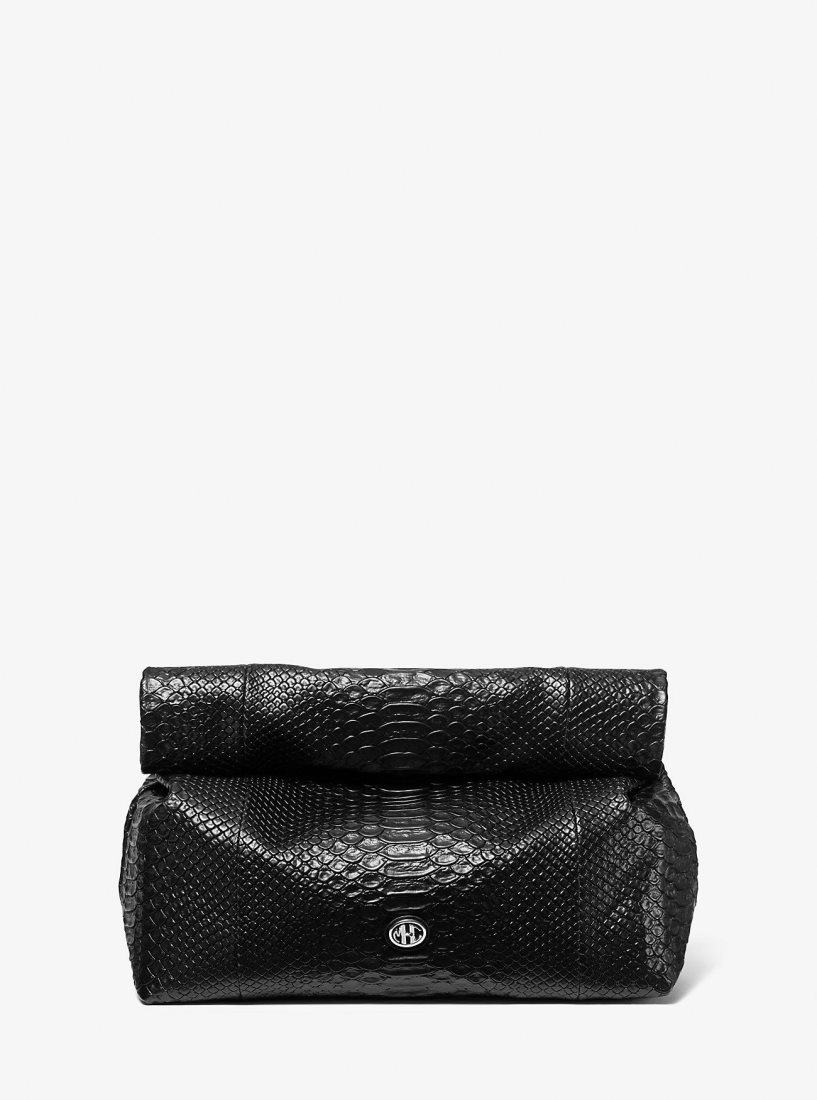 Pochettes Michael Kors Monogramme Medium Python Embossed Leather Lunch Box Clutch Femme Noir | 1549PZBSW