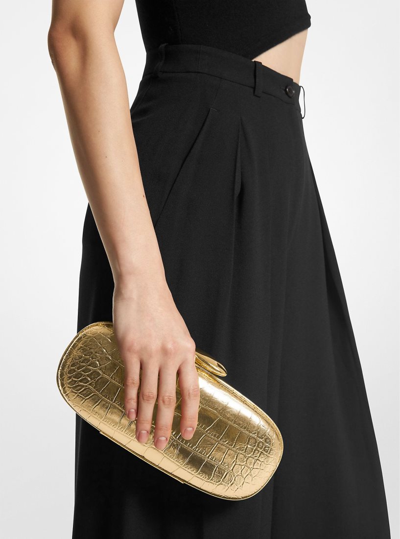 Pochettes Michael Kors Tina Small Metallic Crocodile Embossed Leather Minaudiere Femme Doré | 9386ZCVKS