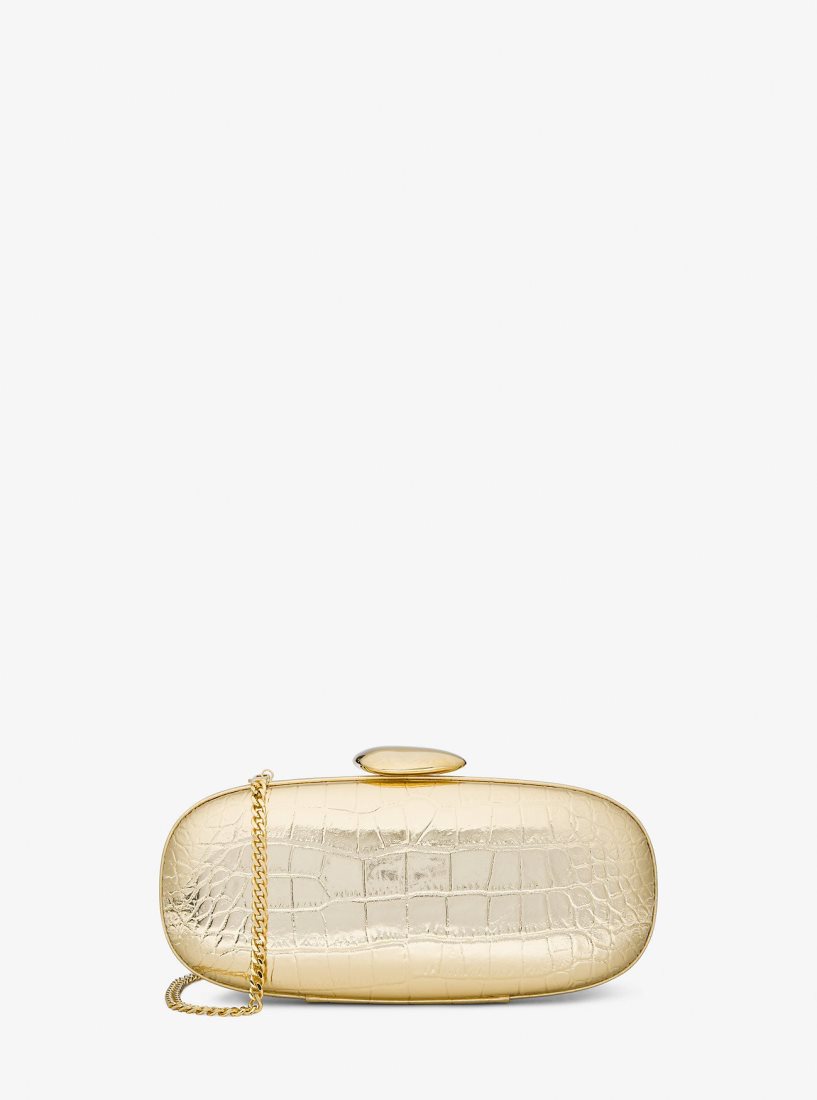 Pochettes Michael Kors Tina Small Metallic Crocodile Embossed Leather Minaudiere Femme Doré | 9386ZCVKS