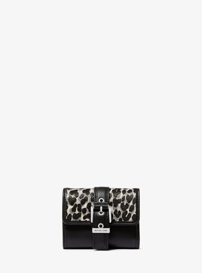Portefeuilles Michael Kors Colby Small Leopard Print Calf Hair Tri-Fold Wallet Femme Noir | 6742JKFEZ