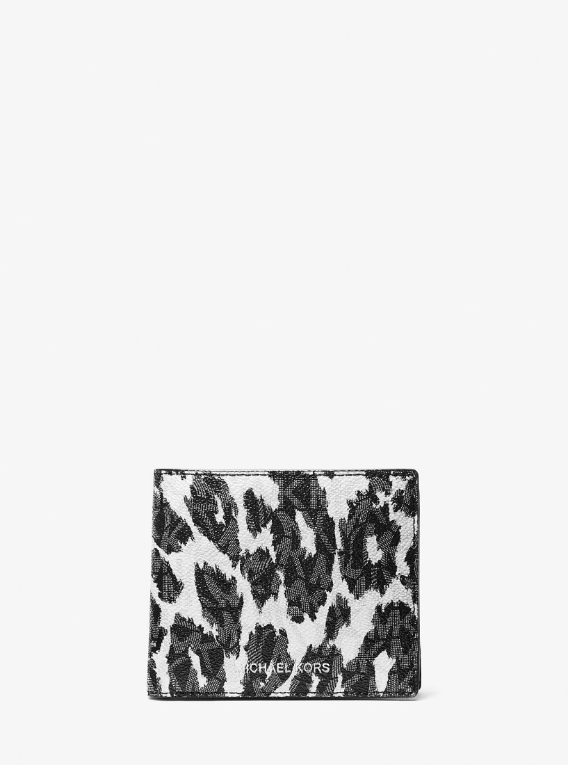 Portefeuilles Michael Kors Hudson Leopard Logo Billfold Wallet Homme Noir Grise | 0815PREQG