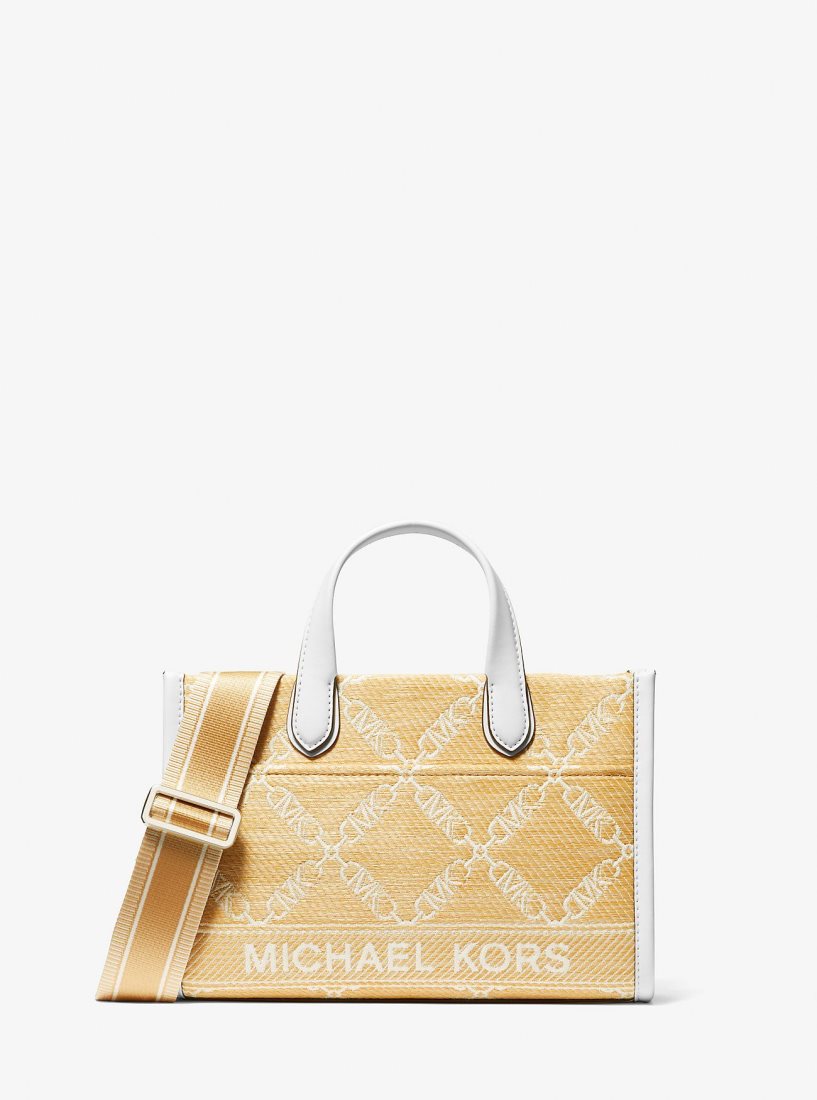 Sac Crossbody Michael Kors Gigi Small Empire Logo Jacquard Straw Messenger Bag Femme Nat/Opticwht | 7635FCGBQ