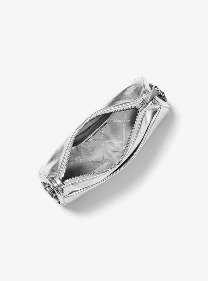 Sac Crossbody Michael Kors Jet Set Medium Metallic Leather Crossbody Bag with Case for Apple AirPods Pro Femme Argent | 3941MCXKJ