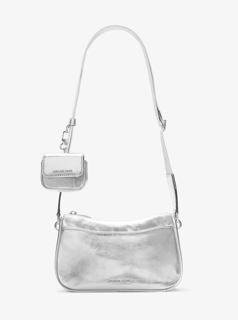 Sac Crossbody Michael Kors Jet Set Medium Metallic Leather Crossbody Bag with Case for Apple AirPods Pro Femme Argent | 3941MCXKJ