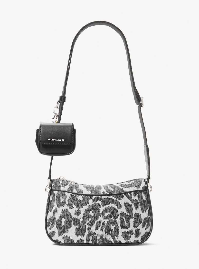 Sac Crossbody Michael Kors Jet Set Medium Leopard Logo Crossbody Bag with Case for Apple AirPods Pro Femme Noir | 5207EQMZL