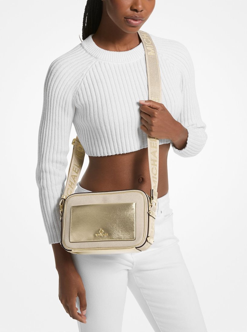 Sac Crossbody Michael Kors Maeve Large Canvas and Metallic Crossbody Bag Femme Doré Beige | 9518PKGLZ