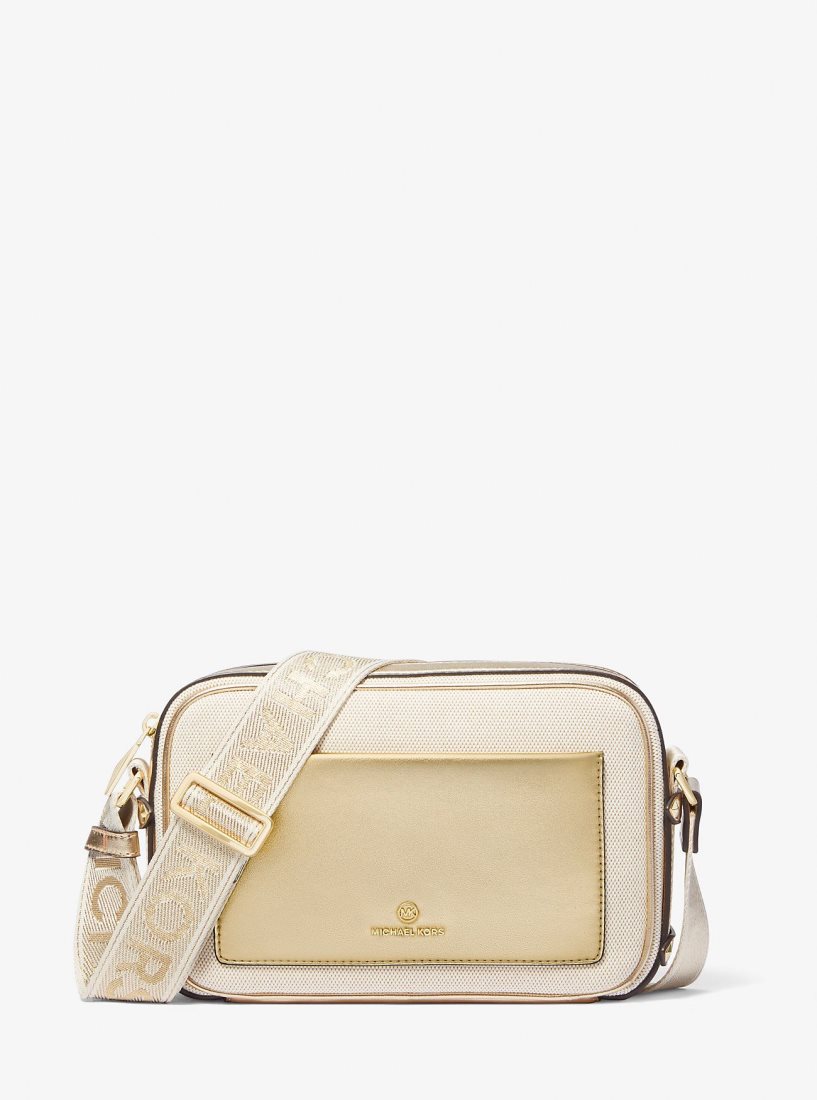 Sac Crossbody Michael Kors Maeve Large Canvas and Metallic Crossbody Bag Femme Doré Beige | 9518PKGLZ