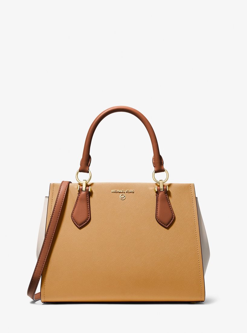 Sac Crossbody Michael Kors Marilyn Medium Color-Block Saffiano Leather Satchel Femme Pale Peanut/Luggage | 4127TPJOY