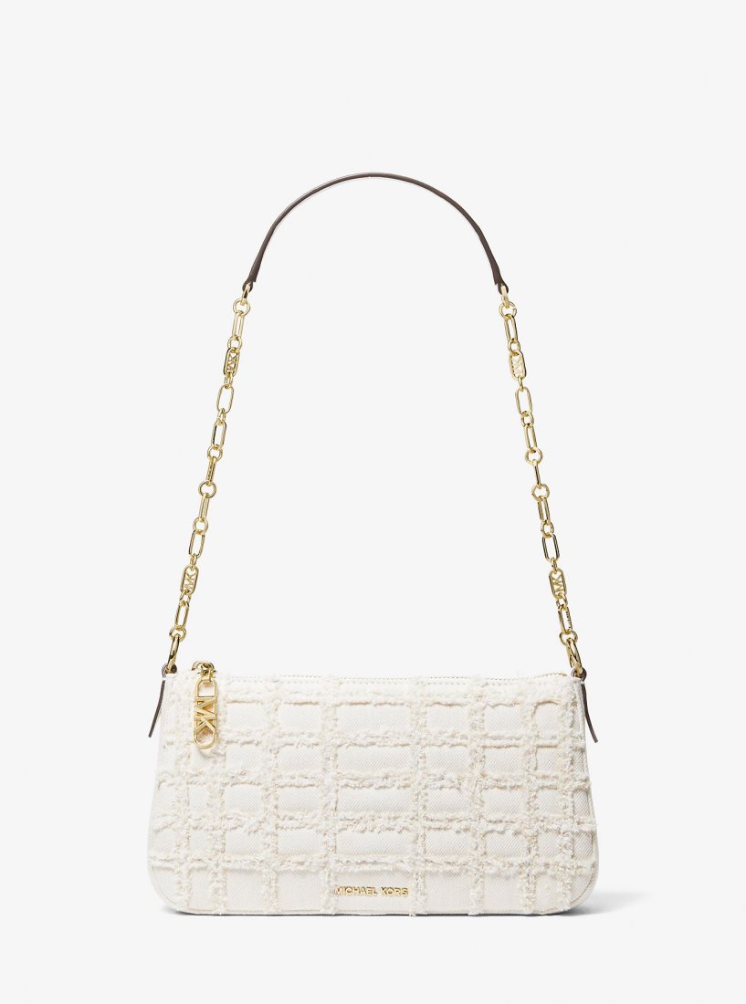 Sac Porté Épaule Michael Kors Empire Medium Frayed Denim Chain-Link Pochette Femme Blanche | 6385YUNGJ