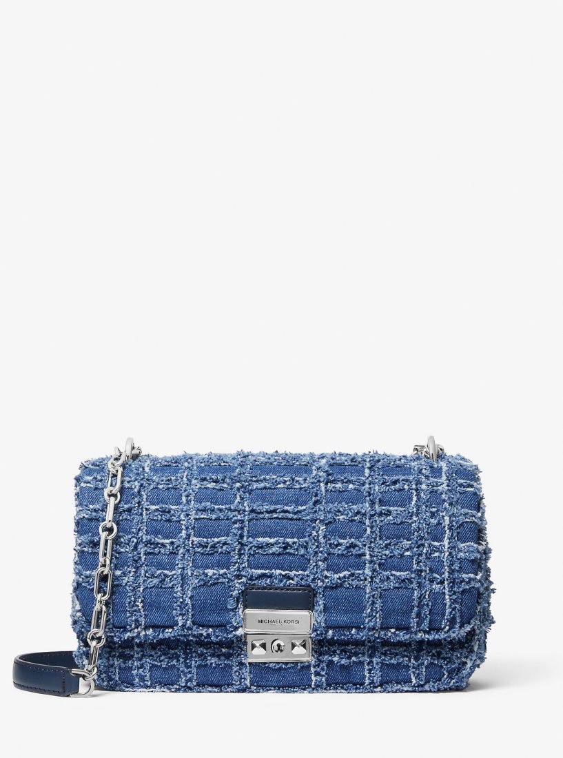 Sac Porté Épaule Michael Kors Tribeca Large Frayed Denim Shoulder Bag Femme Bleu | 5314JEFOM