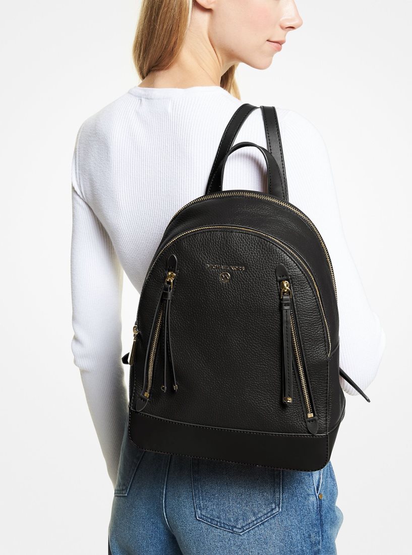 Sacs à Dos Michael Kors Brooklyn Medium Pebbled Leather Backpack Femme Noir | 9260IANCB
