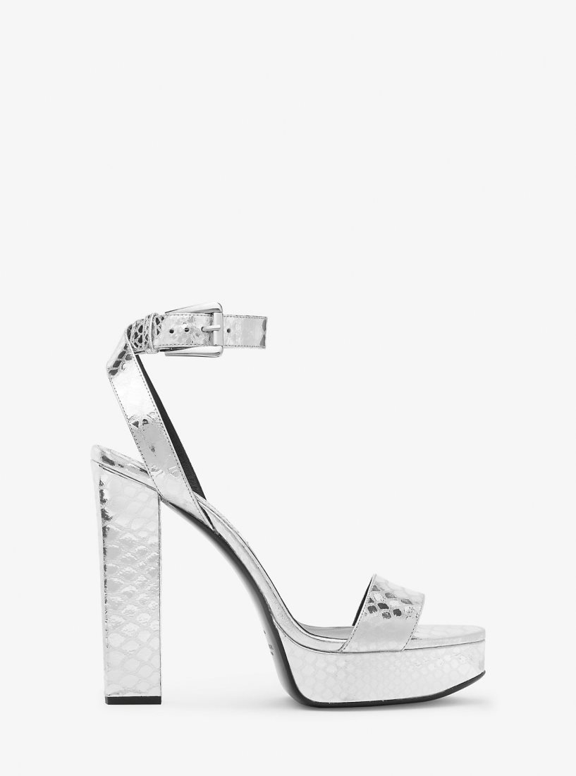 Sandale Michael Kors Anabelle Metallic Python Embossed Leather Platform Sandal Femme Argent | 0173ZRUSL