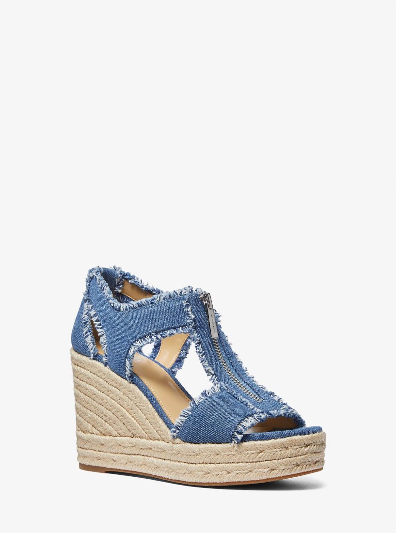 Sandale Michael Kors Berkley Frayed Denim Wedge Sandal Femme Bleu | 8790ZVUBX