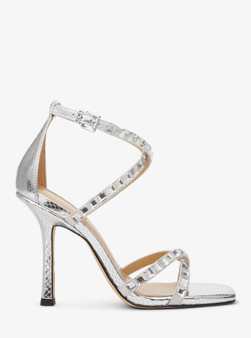 Sandale Michael Kors Celia Crystal Embellished Metallic Snake Embossed Sandal Femme Argent | 6903BMLOZ