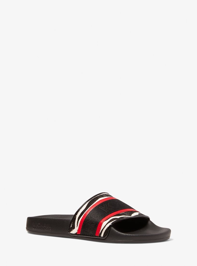 Sandale Michael Kors Gilmore Logo Tape and Printed Calf Hair Slide Sandal Femme Noir Rouge | 2574QMZBP