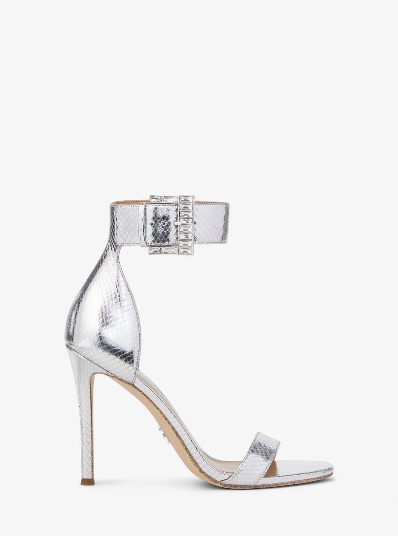 Sandale Michael Kors Giselle Metallic Snake Embossed Leather Sandal Femme Argent | 5729ZSBJC