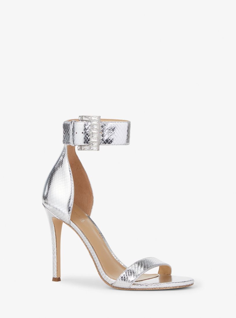 Sandale Michael Kors Giselle Metallic Snake Embossed Leather Sandal Femme Argent | 5729ZSBJC