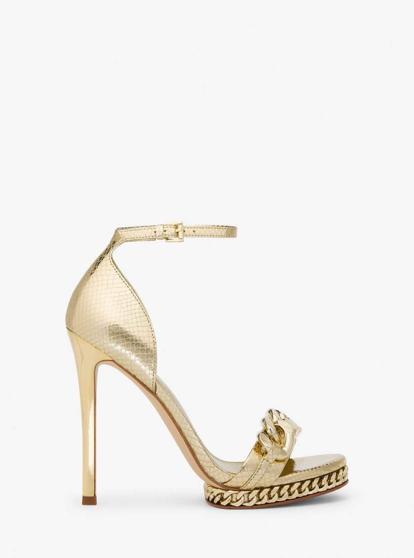 Sandale Michael Kors Jordyn Embellished Metallic Snake Embossed Leather Platform Sandal Femme Doré | 6135NOZWH
