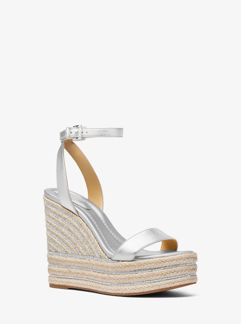 Sandale Michael Kors Leighton Metallic Leather Wedge Sandal Femme Argent | 8079VGPEF
