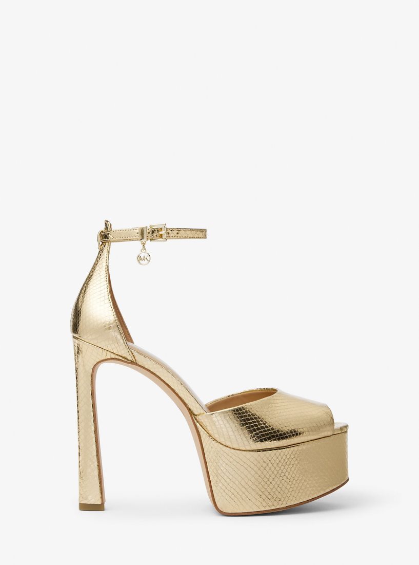 Sandale Michael Kors Martina Metallic Snake Embossed Leather Peep-Toe Platform Pump Femme Doré | 7162UMRED