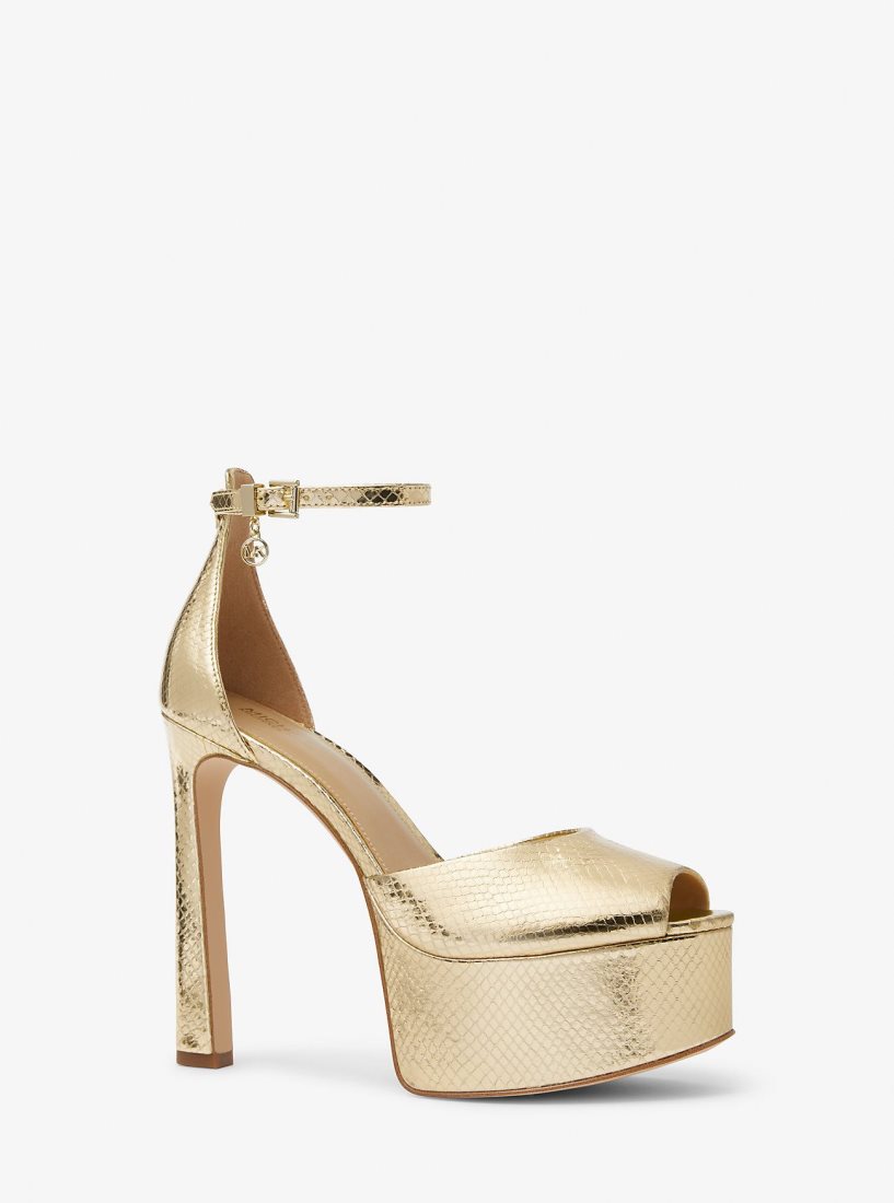 Sandale Michael Kors Martina Metallic Snake Embossed Leather Peep-Toe Platform Pump Femme Doré | 7162UMRED