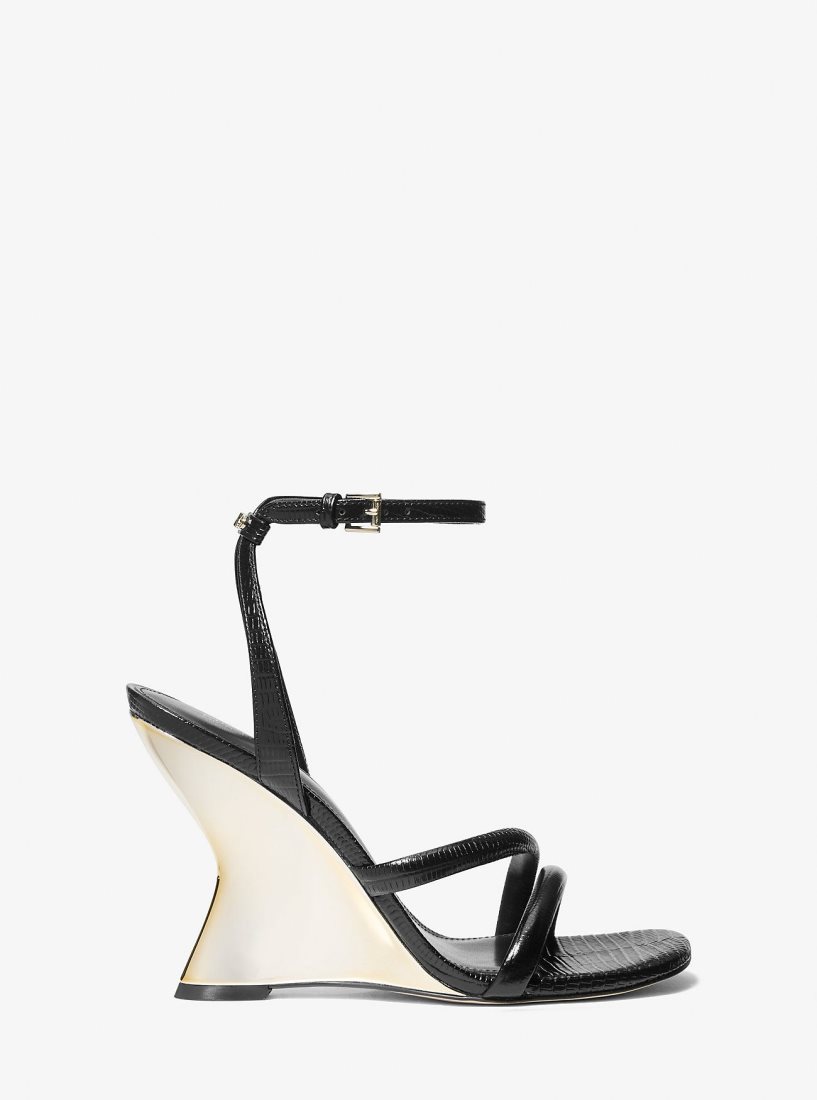 Sandale Michael Kors Nadina Lizard Embossed Leather Wedge Sandal Femme Noir | 1547TCOGK
