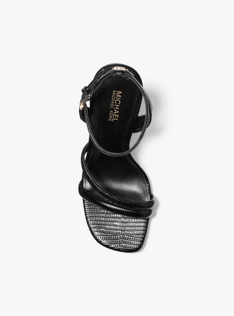 Sandale Michael Kors Nadina Lizard Embossed Leather Wedge Sandal Femme Noir | 1547TCOGK