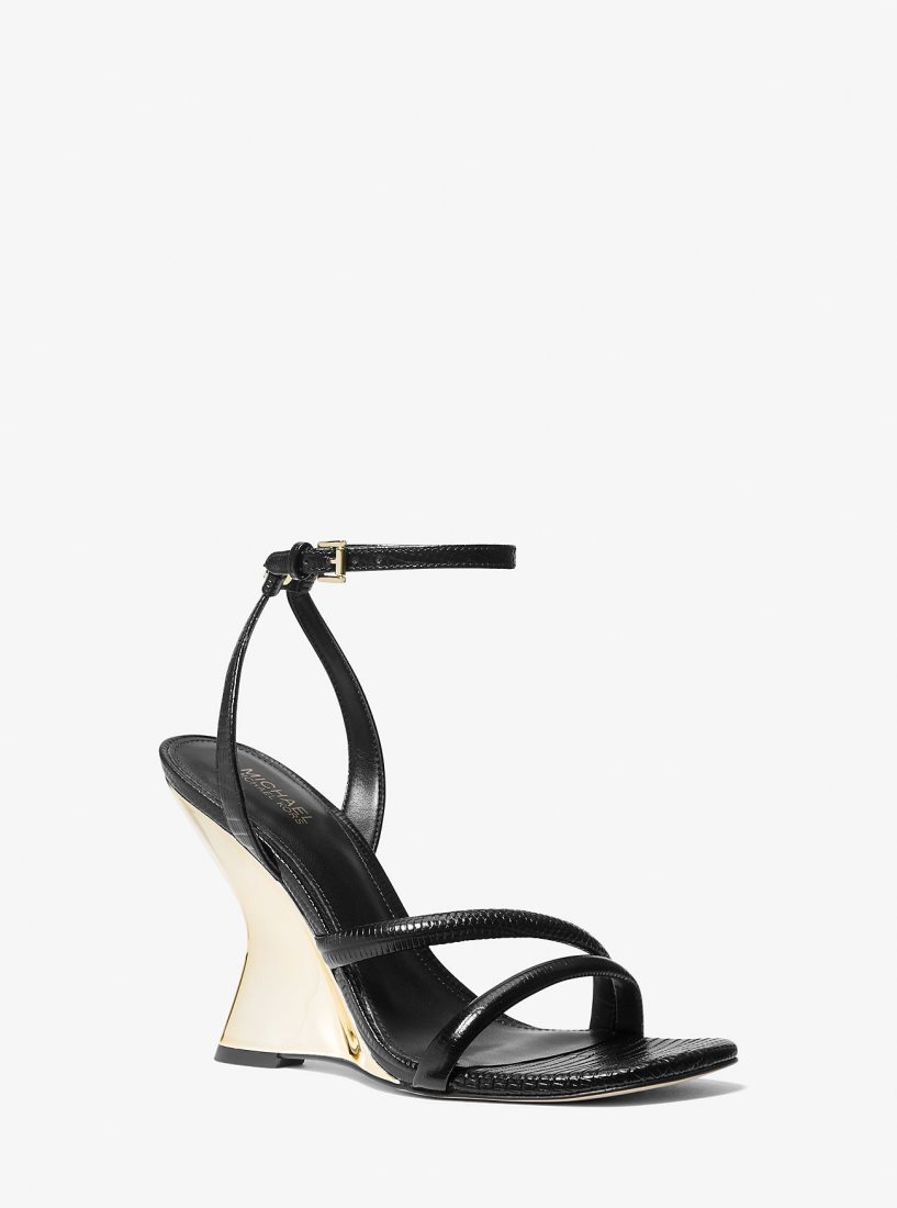 Sandale Michael Kors Nadina Lizard Embossed Leather Wedge Sandal Femme Noir | 1547TCOGK