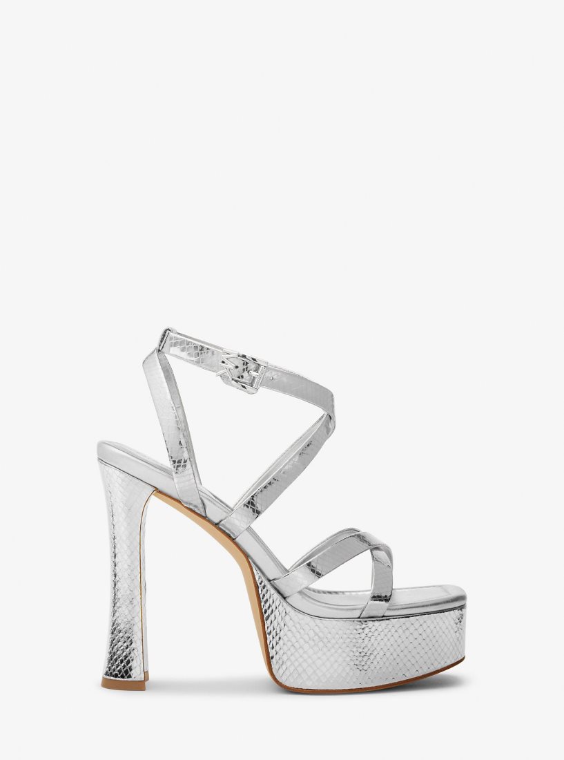Sandale Michael Kors Paola Metallic Snake Embossed Leather Platform Sandal Femme Argent | 1783JZGRV
